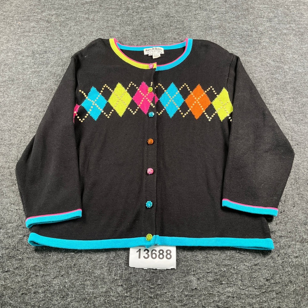 Vintage Jack B Quick Cardigan Women XL Black Excellent Neon Argyle Rhinestone